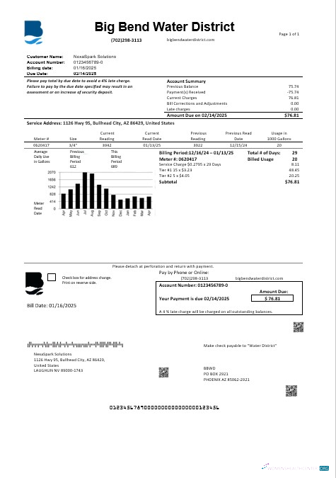 USA Nevada Big Bend Water District business utility bill template in Word and PDF formats
